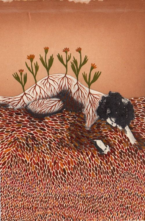 a woman is lying down on a bed of brown leaves, her body is a part of the ground. there are multiple flowers on her body with roots extending up and out as if they are coming from the ground. the woman is lying on her side, her head is facing the left side of the image. her hair is a dark grey, and her face is not visible.