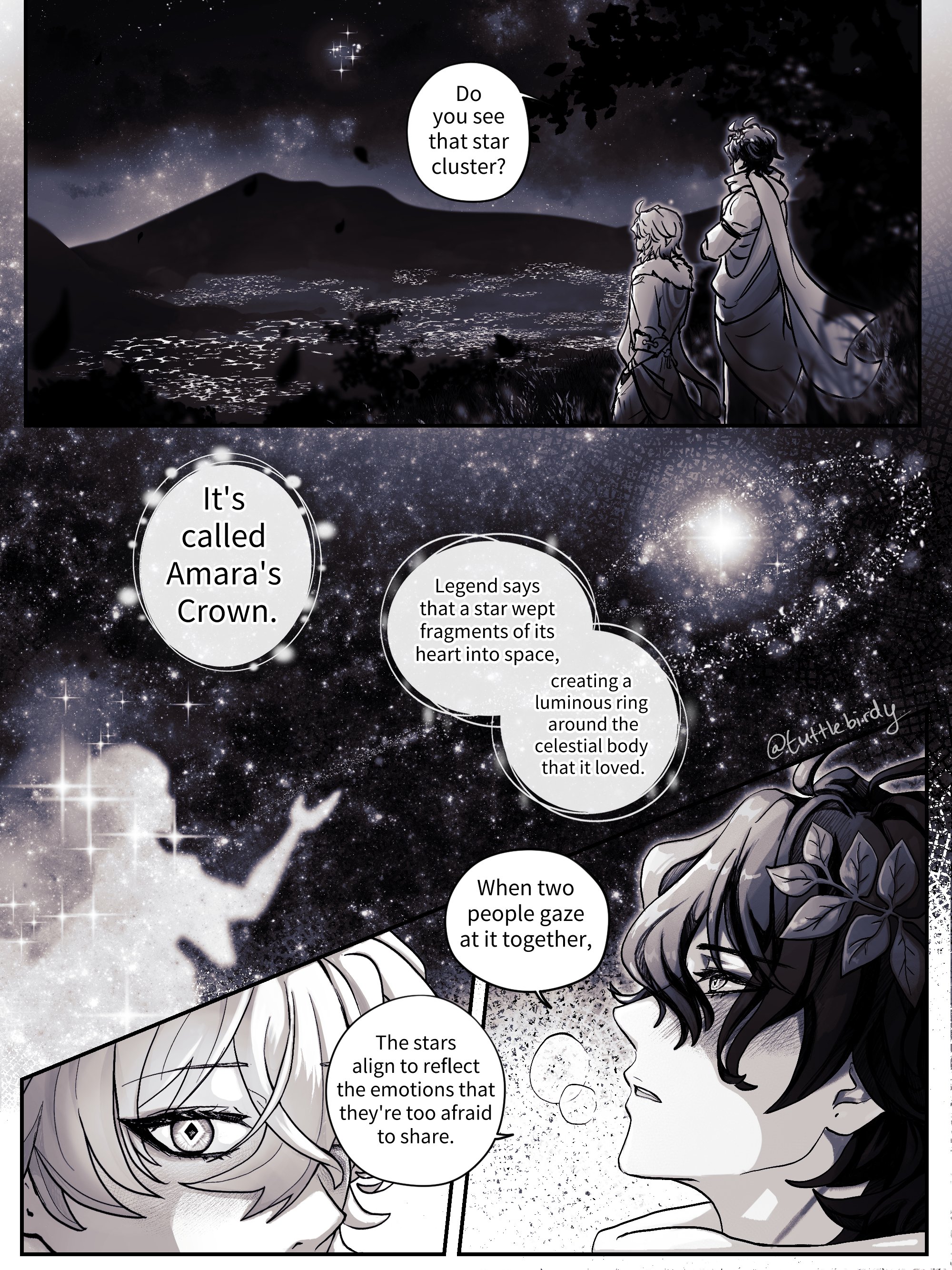 the image is a fourpanel mangastyle comic.  the first panel shows a night scene with a city in the distance and two figures gazing at a star cluster in the sky.  a speech bubble asks "do you see that star cluster?". the second panel introduces the name "amara's crown" for the star cluster and explains a legend about a star weeping fragments of its heart into space, forming a luminous ring around a celestial body it loved. the third and fourth panels show two characters, a male and a female, gazing at the star cluster together.  text reveals that the stars align to reflect the emotions they are too afraid to share, suggesting a romantic subtext. the art style is dark and atmospheric, using grayscale with hints of purple and blue.  the overall tone is melancholic and romantic, focusing on unspoken emotions and a celestial metaphor.