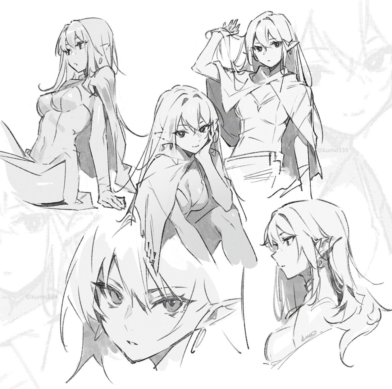 the image contains a collection of sketches of an animestyle elf girl with long hair. the sketches depict her in various poses and outfits, ranging from casual to more revealing. the artwork is monochromatic, with varying line weights and shading used to create depth and form.