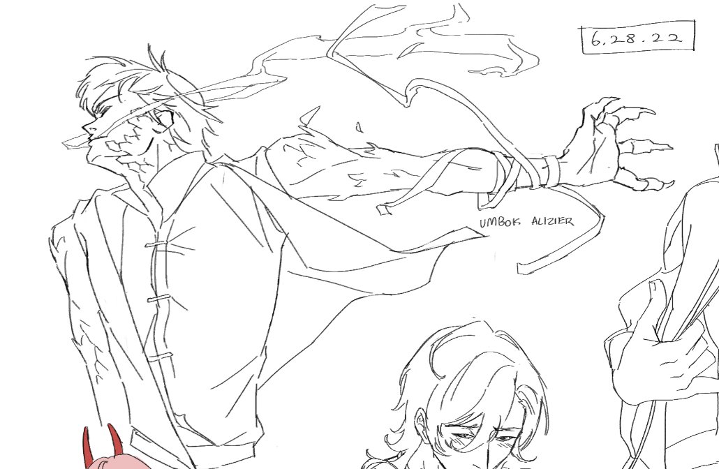 the image is a black and white sketch of an anime character, drawn in a manga style. the character is a young man with a stern expression, and is depicted as a supernatural creature with demonic traits like horns, wings and claws. he has a bandage wrapped around his arm and he appears to be in a lot of pain. in the background, there's another character, a young girl with a sad expression, who is facing away from the main character. the image is a scene of a story, and it's a depiction of a fictional world where monsters and humans coexist. the image is drawn in a digital style and has a rough, unfinished look.