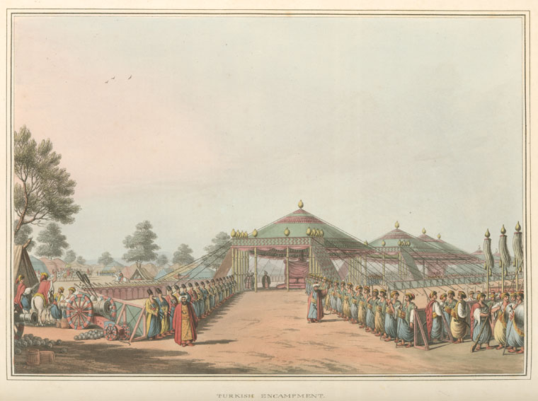 the image is a historical illustration of a turkish encampment. in the foreground, there's a procession of soldiers lined up on either side of a path leading towards large tents with ornate tops. to the left, there is a cannon with soldiers preparing to fire it. a tree is to the left. in the background, there is a landscape with more tents and trees. the sky is a pale pink color.