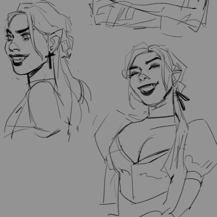 the image contains three sketches of a young woman, possibly a vampire character. the style is loose and expressive, with quick, sketchy lines. the sketches are in grayscale, on a neutral gray background.  the first sketch shows a profile view of the woman, with a crossshaped earring and what might be interpreted as fangs. the second sketch is of the same woman from a slightly lower angle, showing more of her chest and smiling openly. the third sketch is a partial, upperbody drawing which likely depicts the same individual.  the overall impression is a series of character design explorations.