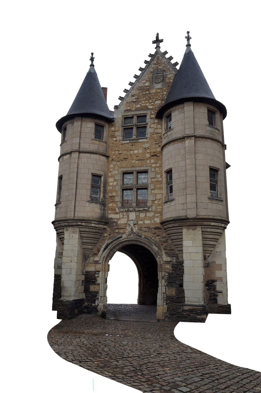 a stone castle entrance with two turrets flanking a central archway, set against a black background. the foreground is a cobblestone path leading to the entrance.
