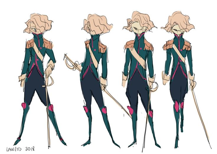 this is a digital illustration of a character design in a style that resembles anime.  the character is drawn multiple times in different stances in the sketch and appears to be a woman with blonde hair, wearing a teal and pink military uniform with a sword.