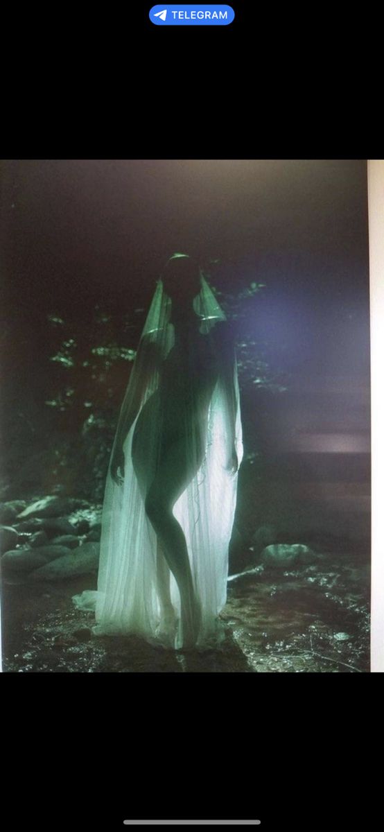 a woman in a white dress with a veil stands in a dark, green forest. she is backlit, making her form a silhouette. the dress is billowing around her, and she is looking down at the ground. the scene is mysterious and romantic.