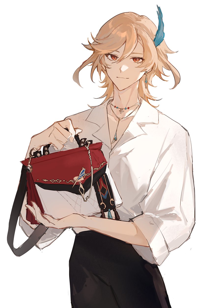a young anime man with blonde hair and a blue feather in his hair, is wearing a white shirt and black pants. he is holding a red bag with a white strap over his shoulder. he is looking to the left. the background is white.