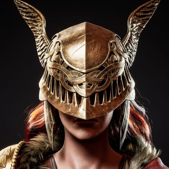 a woman with fiery red hair is shown from the chest up, wearing elaborate gold armor and a helmet with large wings. the image is dramatically lit, emphasizing the metallic shine of the armor and the intensity of the woman's expression, which is hidden in shadow. the overall aesthetic evokes a powerful warrior, possibly inspired by norse mythology.