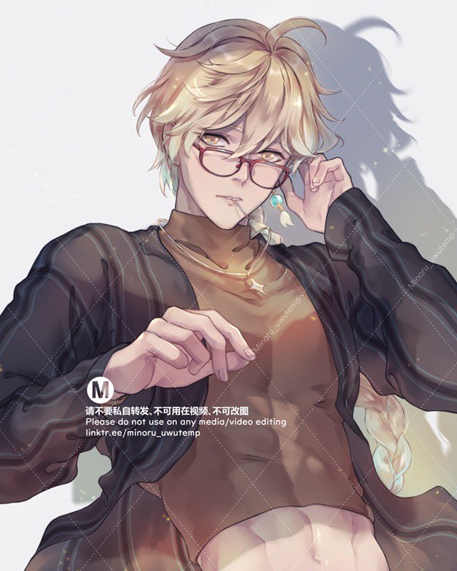 a digital art illustration of an anime character in a black and white striped shirt with glasses. they have blond hair and are staring off to the side.  the illustration is in a semirealistic style with some detail in the hair, eyes, and skin.
