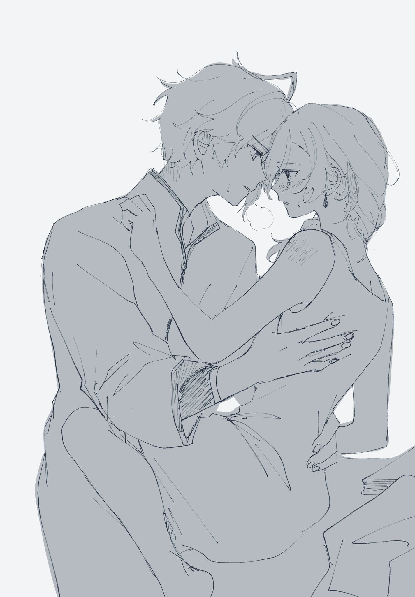 a sketch of a man and a woman embracing each other. the man has short hair and is wearing a jacket, and the woman has long hair and is wearing a dress. they are both looking at each other with love and affection. the drawing is done in a delicate, minimalist style, with soft lines and muted colors. the composition is intimate and closeup, emphasizing the connection between the two figures.