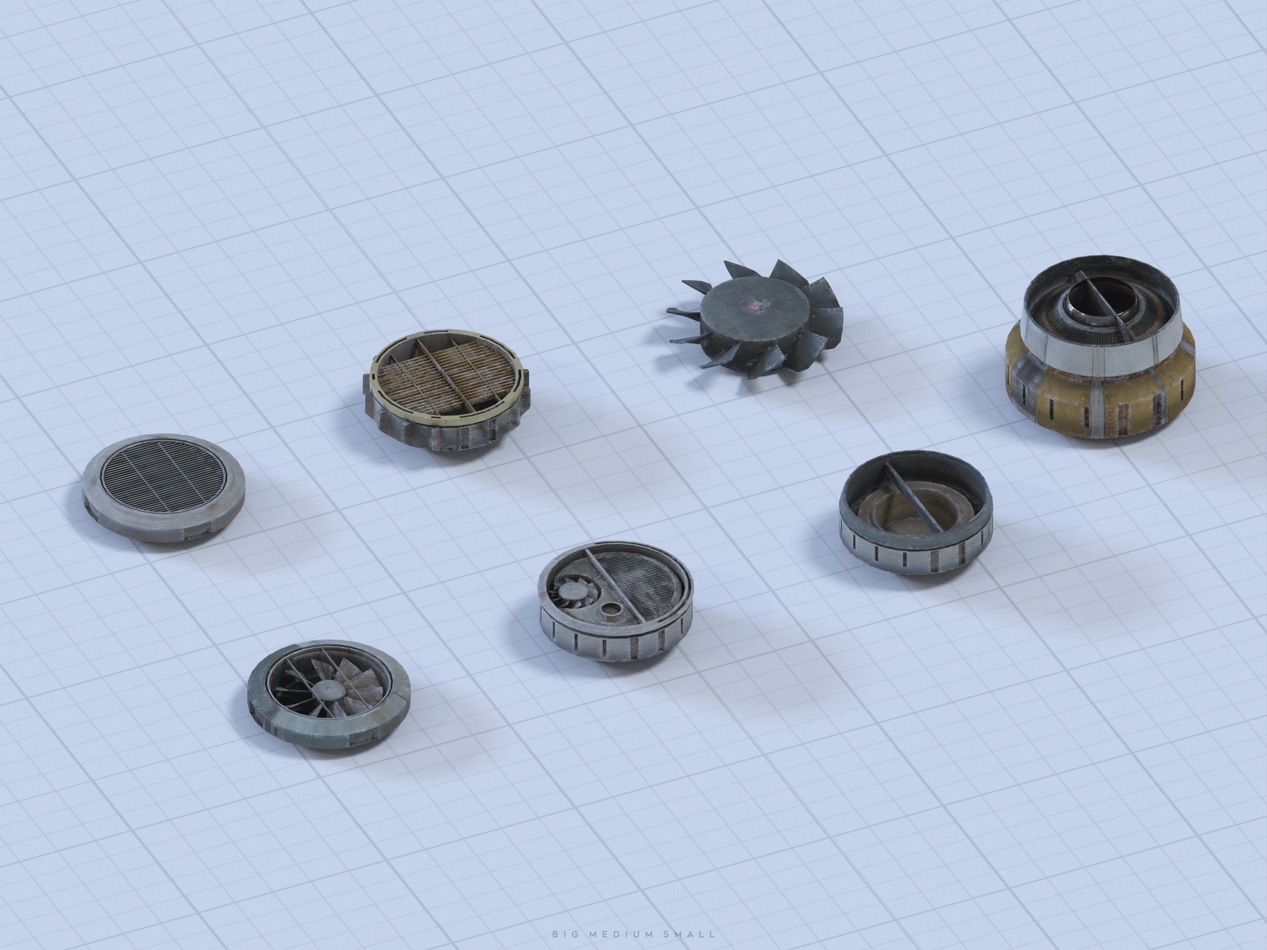 a 3d render showing eight different types of ventilation components, ranging in size from small to large, displayed against a gridded background.  each component has a slightly different design and level of detail, suggesting various industrial applications. the image appears to be a visualization of a design or catalog for these parts.