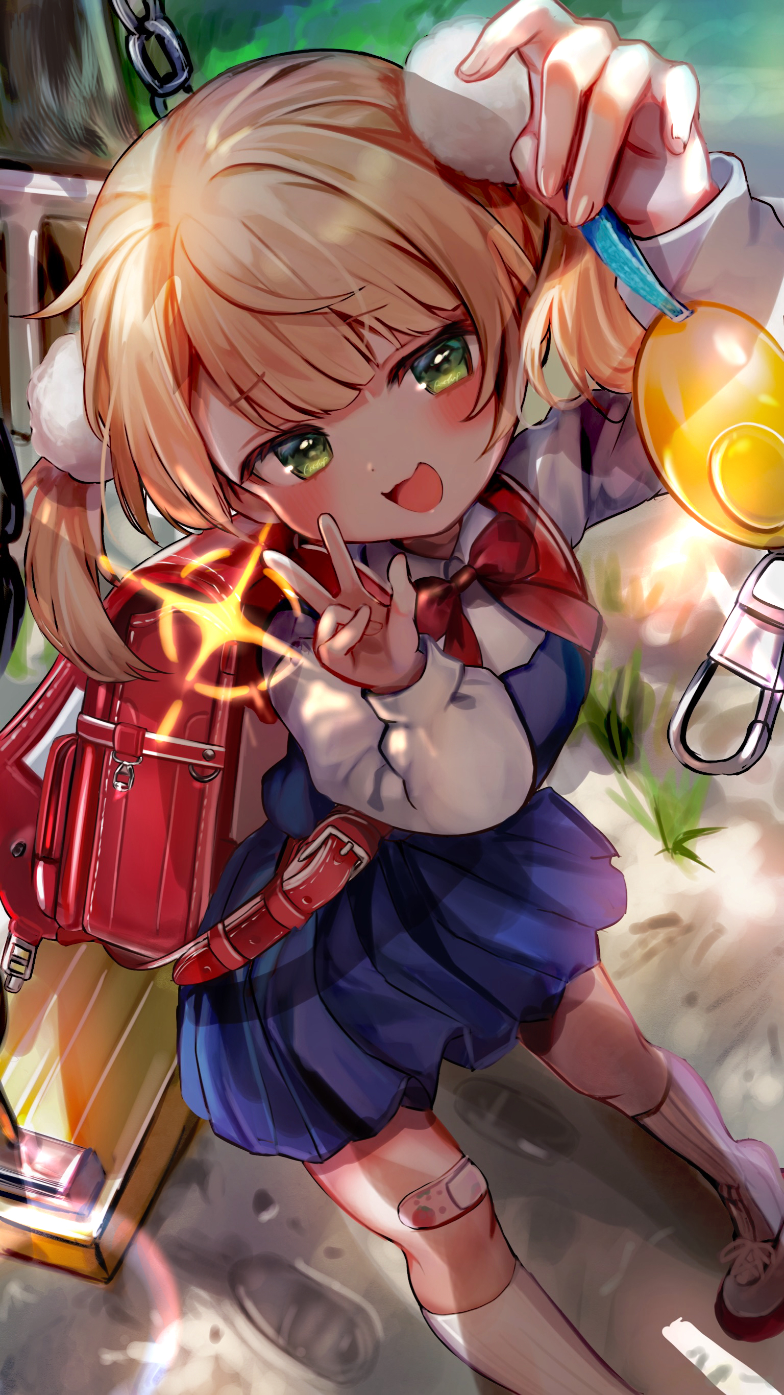 the image depicts a cheerful anime girl in a school uniform. she is sitting on a swing set, holding a shiny object (possibly a toy or keychain) in her right hand, and making a peace sign with her left hand. the girl has short blonde hair tied in pigtails, bright green eyes, and is sticking her tongue out playfully. she wears a white shirt with a red bow tie, a blue pleated skirt, white kneehigh socks, and brown shoes. a red backpack hangs from her shoulders. the background suggests a bright and sunny day with lush green grass and hints of a blue sky. the overall style is colorful, dynamic, and evokes a sense of energy and joy.