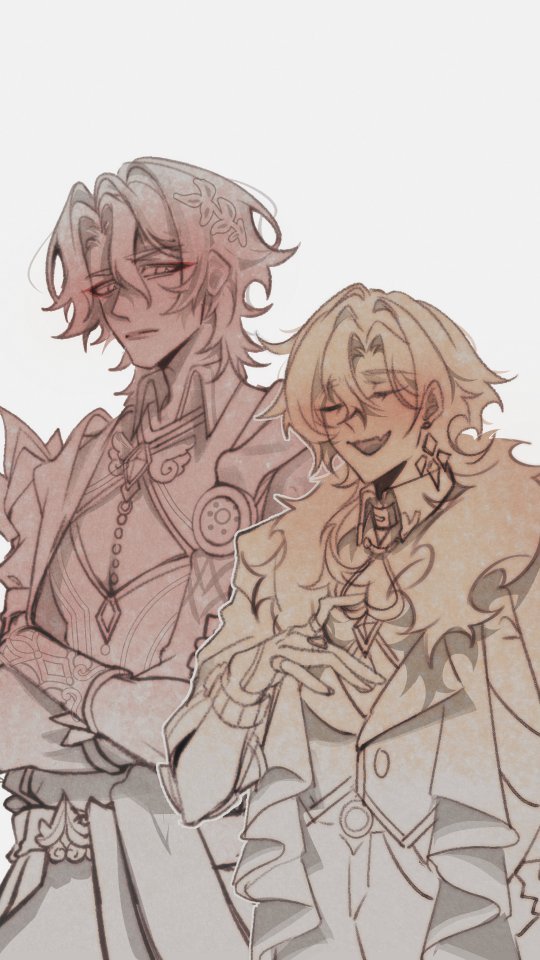 the image is a digital fanart depicting two male characters in an anime/manga style, possibly inspired by genshin impact characters albedo and kaeya (though not explicitly stated).  they are drawn in a closeup, almost intimate style, with soft sepiatoned pastel coloring. both characters are paleskinned with long hair, dressed in elaborate and elegant clothing. the character on the left appears more reserved, while the one on the right has a softer, more flirtatious expression. their poses and expressions suggest a close relationship with a hint of romantic subtext. the art style is delicate and refined, emphasizing the characters' features and clothing.