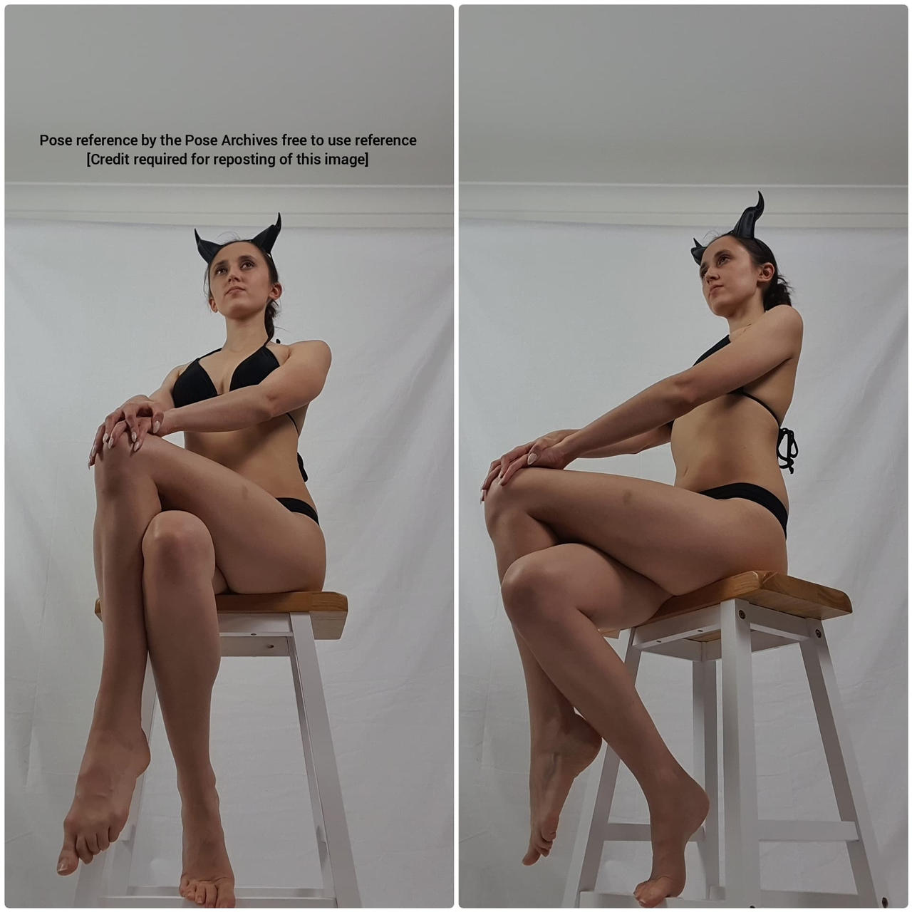 a woman wearing black horns and a bikini bottom is sitting on a white stool. the photo is a reference photo for artists and shows the woman in two different poses. the photo was taken in a studio with soft lighting.```