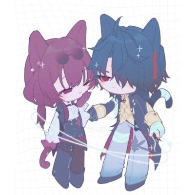 an anime chibi couple, a girl with purple hair and a boy with blue hair, are holding hands and smiling at each other. they are both wearing cute outfits and have cat ears. the image is set against a light blue background with a grid pattern. the drawing is done in a digital style, with vibrant colors and soft, rounded shapes. the couple looks very happy and affectionate.