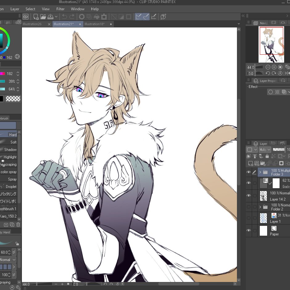 this image is a digital painting of an anime character. the character has cat ears, long hair, and is wearing a jacket. the image is still in progress and only the line art is visible. the image was made in clip studio paint. the character is likely male.