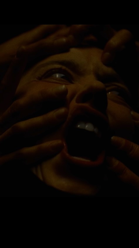 closeup shot of a person's face, illuminated by a dim light, showing intense fear and terror. their mouth is wide open in a scream, while hands obscure parts of their face, suggesting a struggle or attack. the darkness surrounding the scene adds to the overall horror and suspenseful atmosphere. the image evokes a strong emotional response and could be a still from a horror movie.
