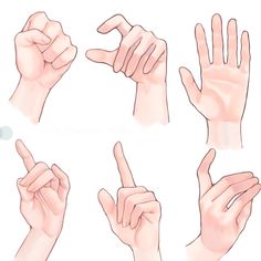 the image is a drawing reference for hands in different poses. it features six hand studies, each depicting a unique gesture or action. the hands are drawn in a semirealistic style, emphasizing form and structure to aid artists in their anatomical studies. the linework is clean and delicate, rendered in a soft, light brown color that gives the impression of a traditional sketch.
