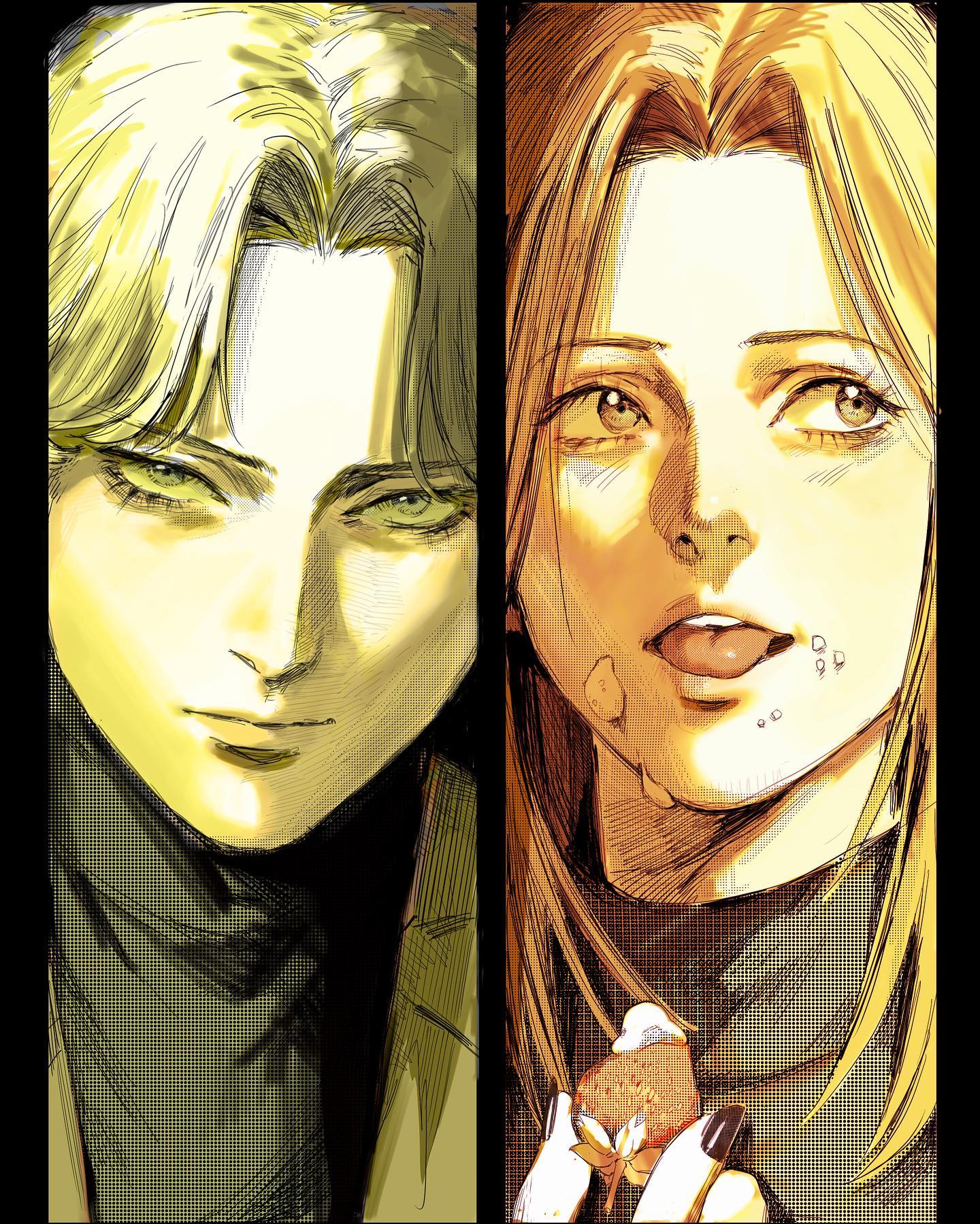 a digital art illustration of a young anime couple, the male is on the left and the female is on the right. the male has long blond hair and is wearing a dark shirt. the female has long blond hair and is wearing a dark shirt. both of their eyes are focused on each other, and the female is holding a strawberry. the image appears to be a portrait of a loving anime couple.