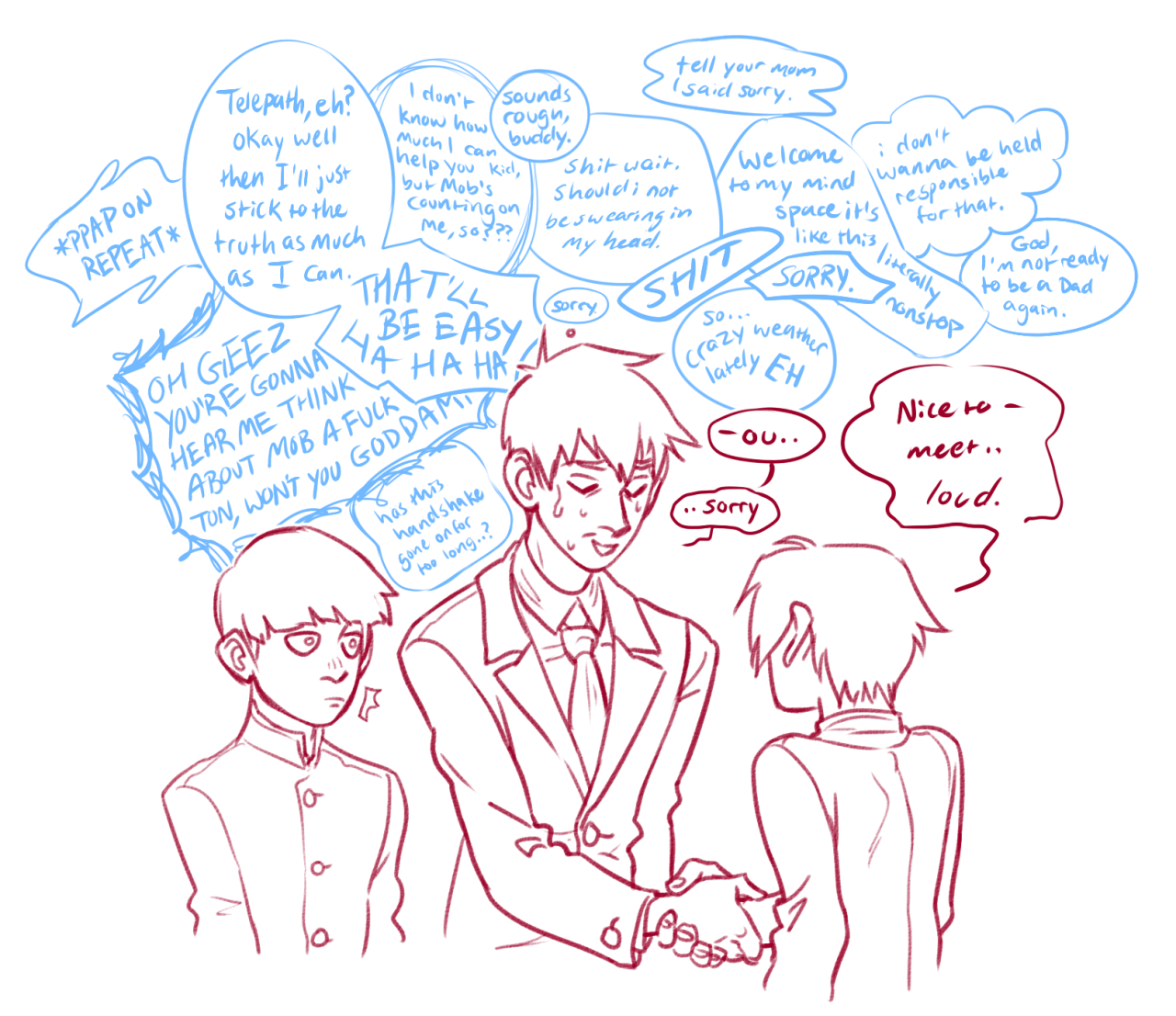a threepanel comic featuring characters from the anime mob psycho 100. reigen, on the left, is having an internal crisis about accidentally meeting a telepath while also trying to comfort the child with awkward jokes. the telepathic child in the middle maintains a neutral expression, but his thoughts are racing with anxiety as he wonders how to handle the situation.  on the right, mob stands quietly with a polite demeanor, oblivious to the other two's thoughts.