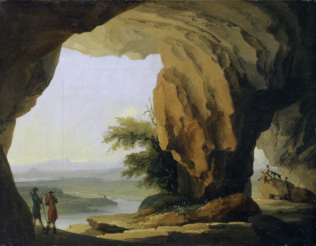 the image is a landscape painting depicting a view from inside a large cave. two men stand at the cave entrance on the left side, one holding a telescope and looking out at the vista. in the distance, a river winds through a green valley, with mountains visible on the horizon. inside the cave, there are rock formations and vegetation. on the right side, another opening reveals a small group of figures, including a hunting party with dogs, resting on a large rock. the sky is visible through the cave openings, adding light and depth to the scene.