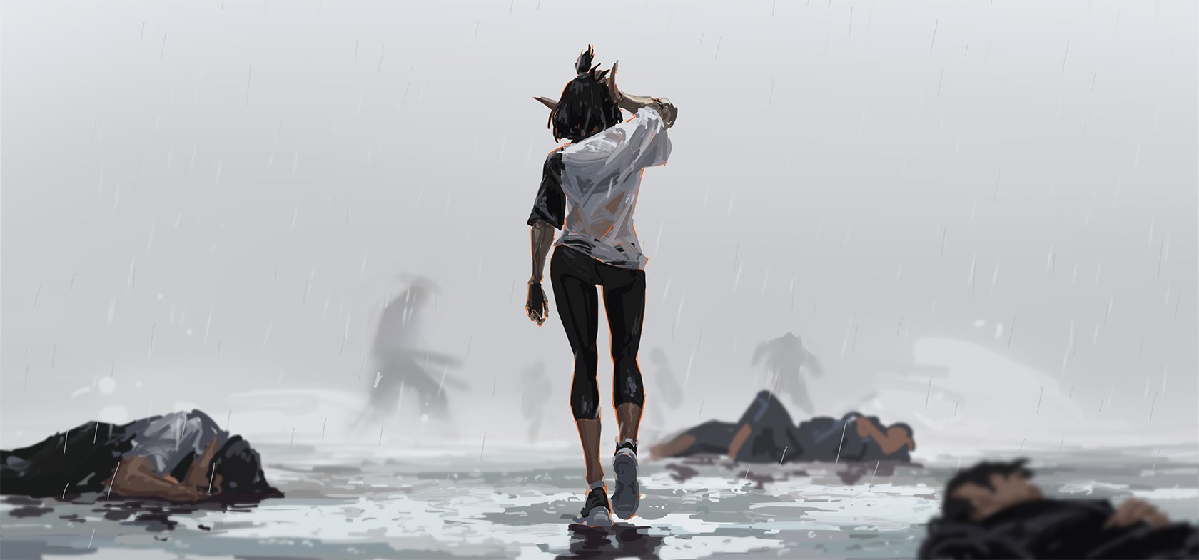 a digital painting depicting a lone woman with elflike horns walking away from a scene of devastation.  she's walking through a rainsoaked landscape littered with the bodies of the deceased. the scene is somber and atmospheric, conveying a sense of loss and despair. the woman's back is turned to the viewer, emphasizing her isolation and the weight of the tragedy surrounding her. the style is painterly and moody, with a muted color palette enhancing the overall feeling of bleakness.