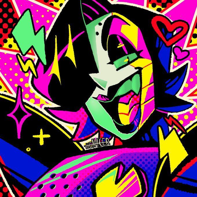 the image is a vibrant and dynamic digital illustration of a stylized character, possibly anime or mangainspired. the artwork is done in a bold pop art style, featuring a bright color palette of neon pinks, yellows, greens, and blues.  the character has exaggerated features, including a wide, expressive mouth and large eyes.  the background is a chaotic mix of shapes, lines, and patterns that enhance the energetic feel of the piece.  love hearts and lightning bolt motifs are included, suggesting a playful and possibly romantic theme. the overall style is reminiscent of comic books, graffiti, and street art.  a small watermark or artist signature is visible near the character's neck.