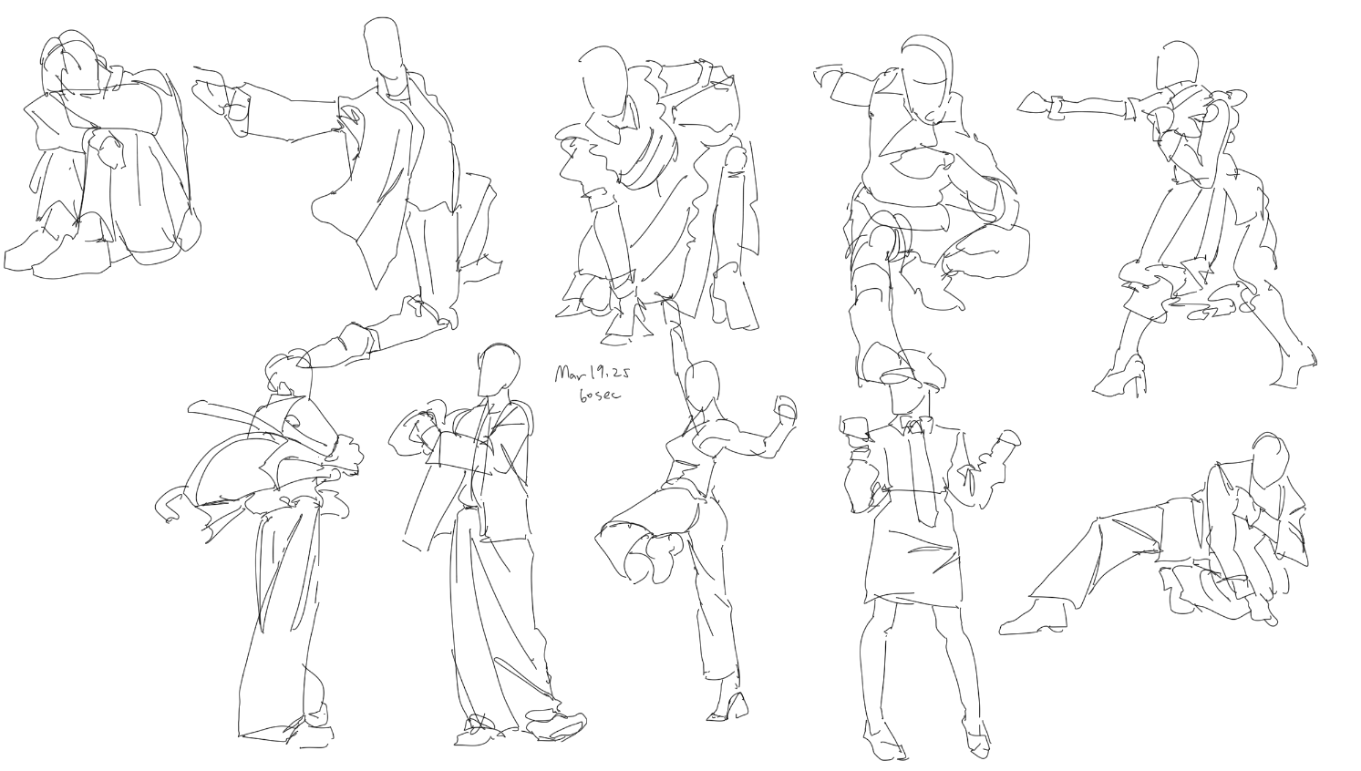 the image displays a collection of quick gesture drawings, each capturing a different pose of the human figure. the sketches vary, showing standing, sitting, leaping, and reclining positions. the figures are adorned in various clothing styles, including suits, dresses, and casual wear, suggesting a range of characters. the black and white line art emphasizes the dynamic movement and body language, typical of artist's sketches or anatomical studies. the variety in poses and attire suggests a collection of character designs or fashion illustrations done as quick gesture drawings.