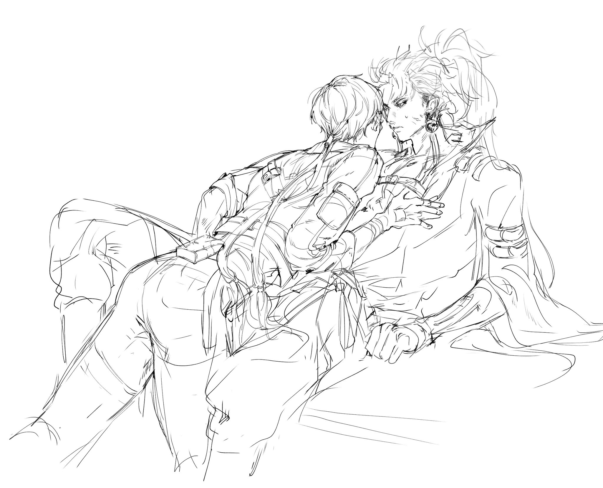 a black and white line art sketch of two anime boys, one sitting and the other leaning in, their