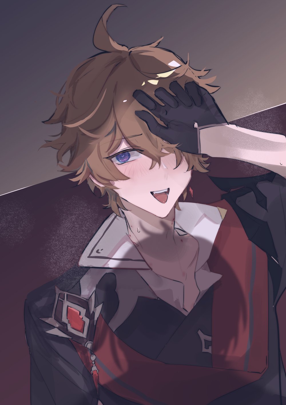 an anime style illustration of a young man with brown hair and blue eyes. he is smiling and blushing. he is wearing a black and red outfit and is holding his hand over his face. the background is a light purple and gray.