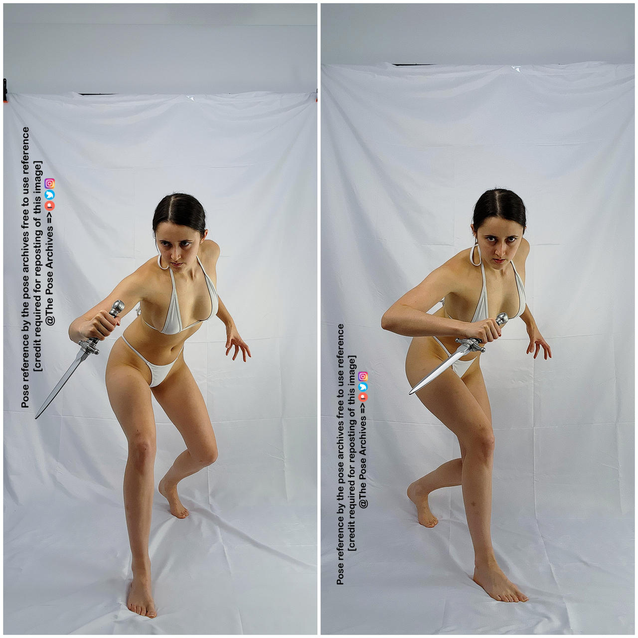 the image features a young woman in a white bikini, striking a dynamic fighting stance with a silver sword. she is positioned against a plain white background in a studio setting, illuminated by bright, even lighting. the perspective is at eyelevel, capturing a frontal view of her pose.  she appears strong and athletic, showcasing a moment of action. this image is intended as a pose reference for artists.