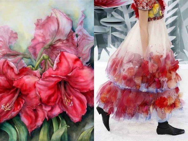 the image is a split image showing a watercolor painting of red flowers on the left and a fashion model wearing a dress made from red flowers on the right. the flowers on the dress are made from tulle and appear to be embroidered in the style of a flower. the model is wearing a white tulle skirt and is walking on a runway, showing off the dress in all its glory.