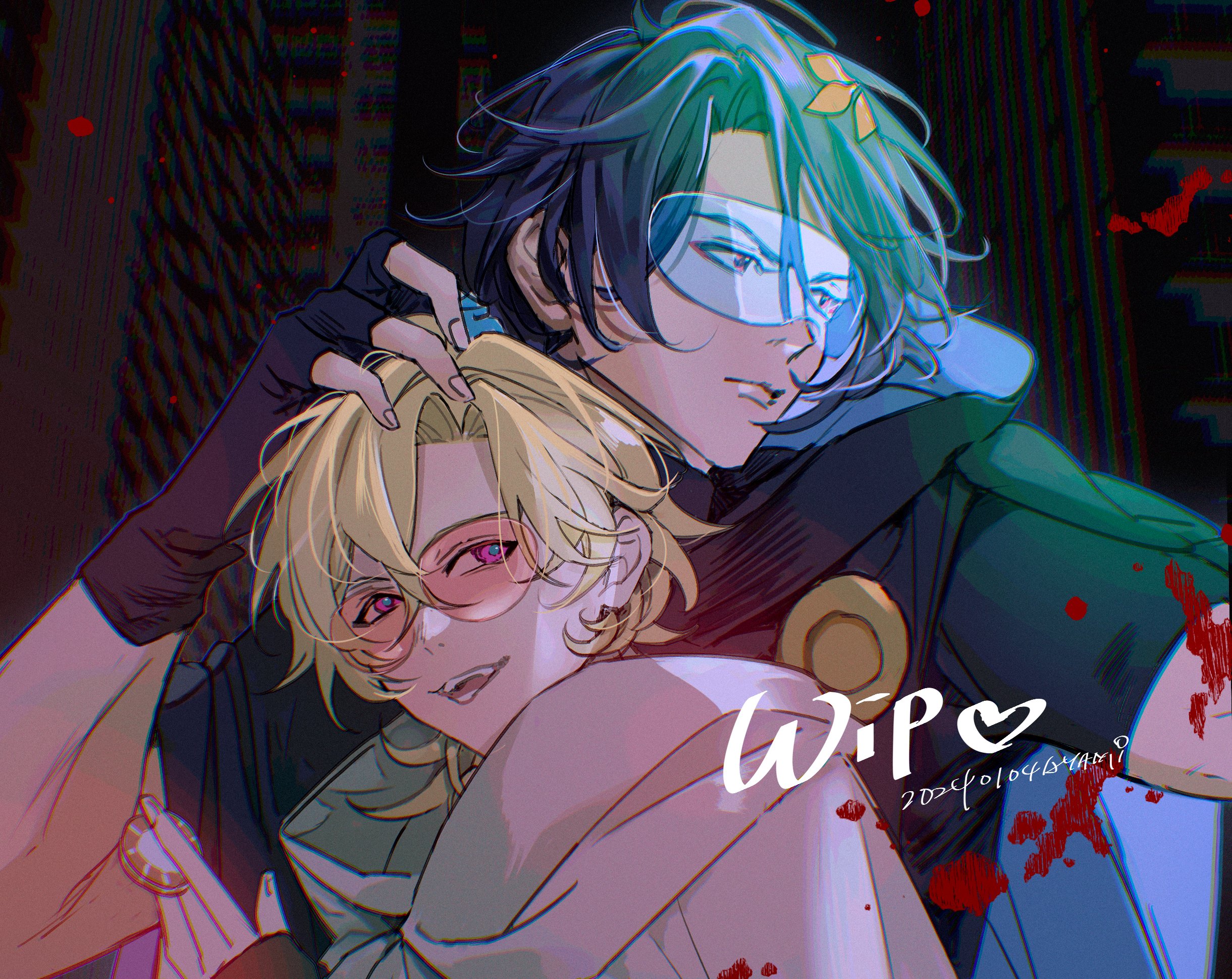 the image is a digital fanart depicting two animestyle boys in an intimate embrace. the boy on top has dark teal hair and is wearing goggles, while the bottom boy has blond hair and is wearing glasses.  they appear to be in a city at night, suggested by a blurred dark background with neonlike highlights. the art style is stylized and somewhat dramatic, featuring blood splatters which may suggest a scene of violence or tension, adding to the mystery and intensity.  the text "wip♡" indicates that the artwork is a work in progress.  the overall mood is romantic, affectionate, yet suggestive of a darker storyline or subtext.