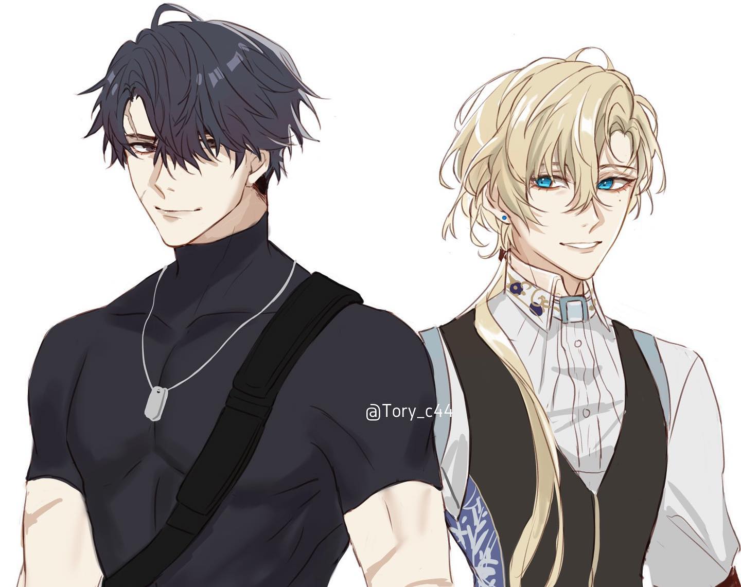 the image is a digital fanart depicting two animestyle male characters positioned sidebyside.  the character on the left has dark, short hair, a black turtleneck shirt, and a black shoulder bag, suggesting a more rugged or militaryinspired style. he wears a dog tag necklace. the character on the right has long, blonde hair styled with loose curls, and is dressed in a more elegant outfit comprising a lightcolored collared shirt, dark vest, and what appears to be a decorative choker. his attire conveys a more sophisticated or refined aesthetic. both characters have detailed facial features and expressive eyes.  the art style is clean and polished, with a focus on linework and soft shading. the background is plain white, drawing attention to the characters.  a watermark "@tory_c44" is subtly present in the image.