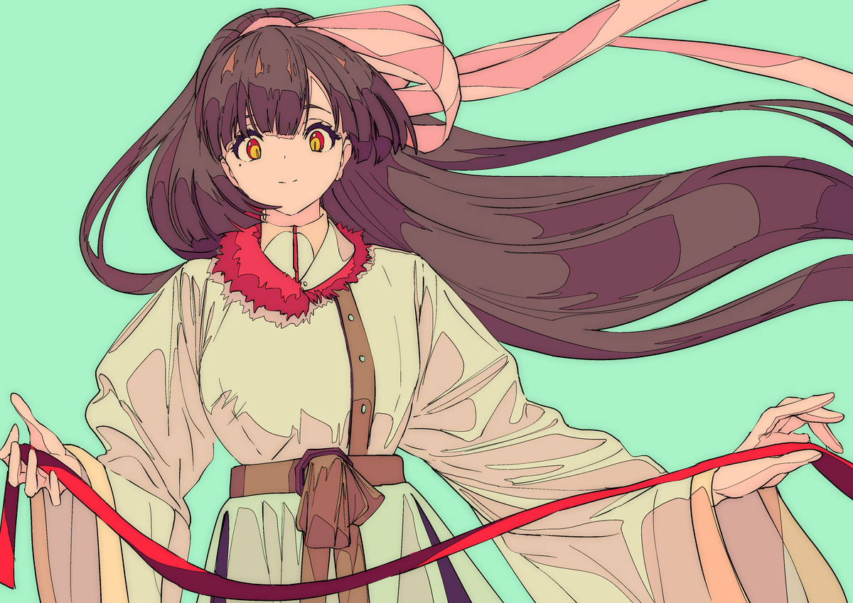 the image is a digital illustration of an animestyle girl with long brown hair flowing in the wind. she's wearing a light beige, longsleeved dress with a red fur collar and a brown belt.  she also has a large pink ribbon in her hair that flows behind her, and she's holding a long red ribbon in both hands. the background is a pale mint green. the overall style is whimsical and elegant, with a soft color palette and a focus on the flowing lines of the girl's hair and clothing.  she has a gentle smile and bright yellow eyes.