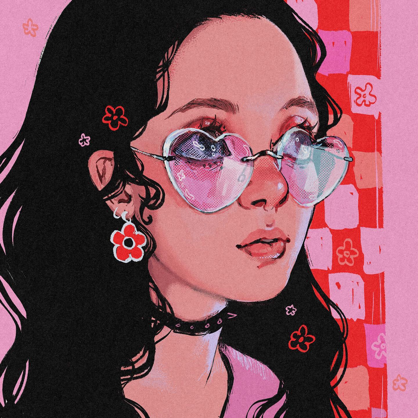 the image is a digital illustration of a young woman with long, dark, curly hair. she's wearing heartshaped pink sunglasses, red flower earrings, and a black choker necklace. the background features a blend of pink and red with a checkered pattern and small stylized flowers scattered around. the art style is highly stylized, blending elements of anime, manga, and retro aesthetics with a soft focus and vibrant pastel and red color palette. the overall mood is cute, fashionable, and expressive.