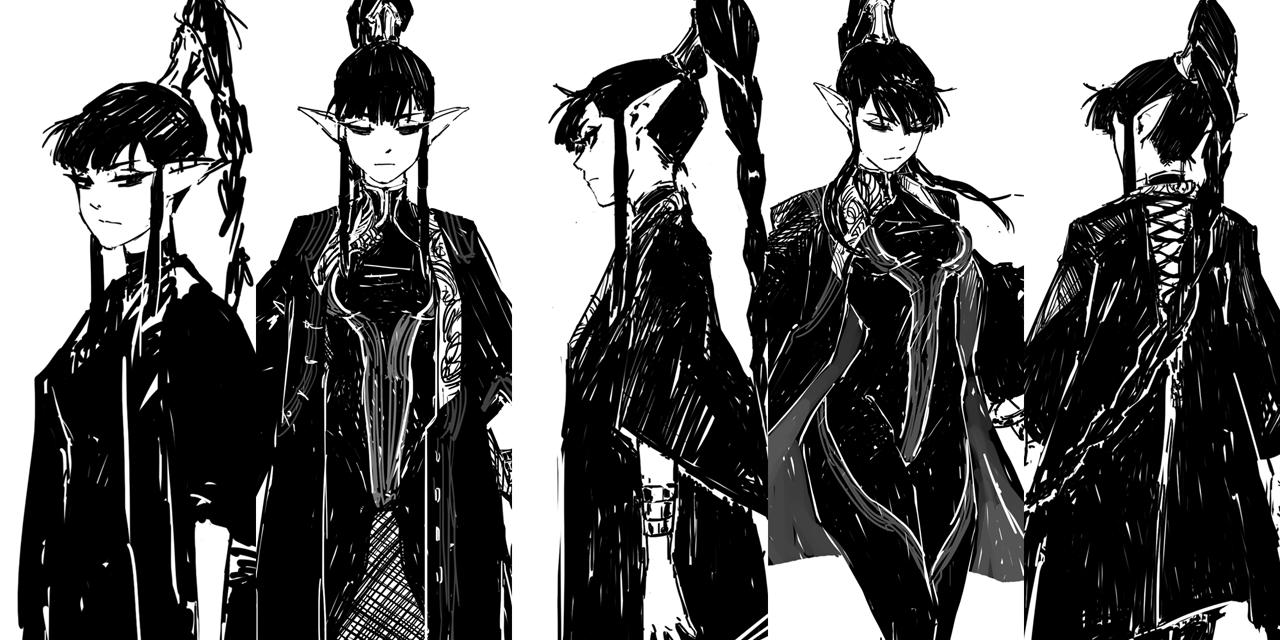 the image is a black and white illustration, possibly a character design sheet for an anime or manga, featuring four different poses of a female elflike character.  she has dark, long hair styled in a high ponytail or braids, pointed ears, and is dressed in elaborate dark clothing that resembles a long coat or cloak with intricate details. the art style is expressive and stylized, with visible brush strokes or pen markings giving a rough, dynamic texture. the character's expressions vary slightly across the different poses.  the image appears to be a preliminary sketch or concept art.