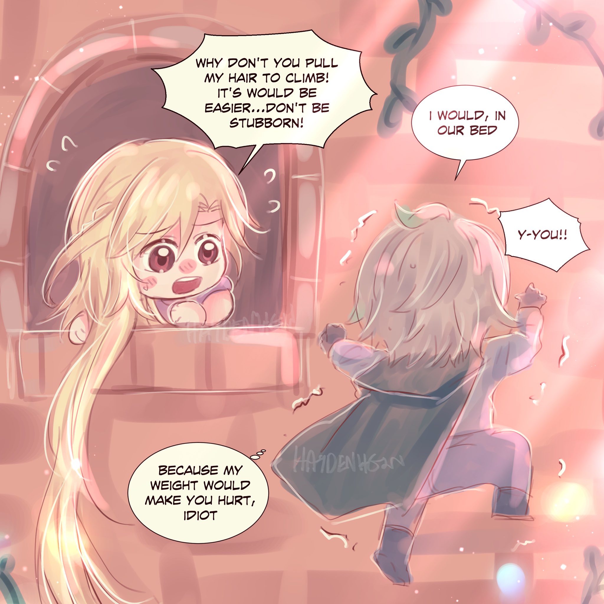 the image is a cute cartoon illustration of a girl and a boy. the girl has long blonde hair and is wearing a pink dress. she is in a window and looks down at the boy. the boy is climbing the side of a brick wall. he is wearing a blue shirt and has white hair. the girl is calling out to the boy, telling him not to pull her hair to climb and suggesting they go to bed. the boy is saying "yyou!!" and looks up at the girl. the image is brightly coloured and playful in tone.