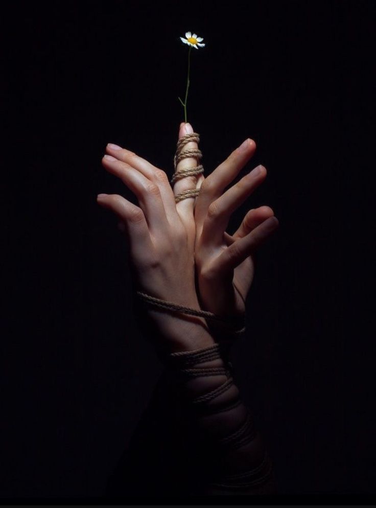 the image is a closeup shot of two hands bound together with a naturalcolored rope or twine. a small daisy is delicately held in the center of one of the bound fingers. the setting is extremely dark, providing a stark contrast to the pale skin and the white flower, highlighting their fragility. the overall mood is mysterious, suggesting themes of fragility, vulnerability, or constraint, possibly with symbolic meaning. the composition and lighting are artistic, creating a visually striking and thoughtprovoking image.