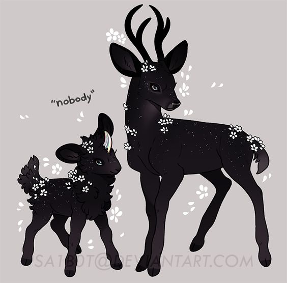 the image showcases a stylized drawing of two deerlike creatures, likely a parent and child, against a plain gray background. the creatures are predominantly black with white flower accents adorning their bodies. the larger deer, labeled "nobody," sports large antlers, while the smaller one has small, budding horns with a single, prominent white horn in the center of its forehead. both creatures stand facing left, their bodies adorned with delicate white flowers that resemble apple blossoms. the style is reminiscent of fantasy art, emphasizing the creatures' mystical appearance.