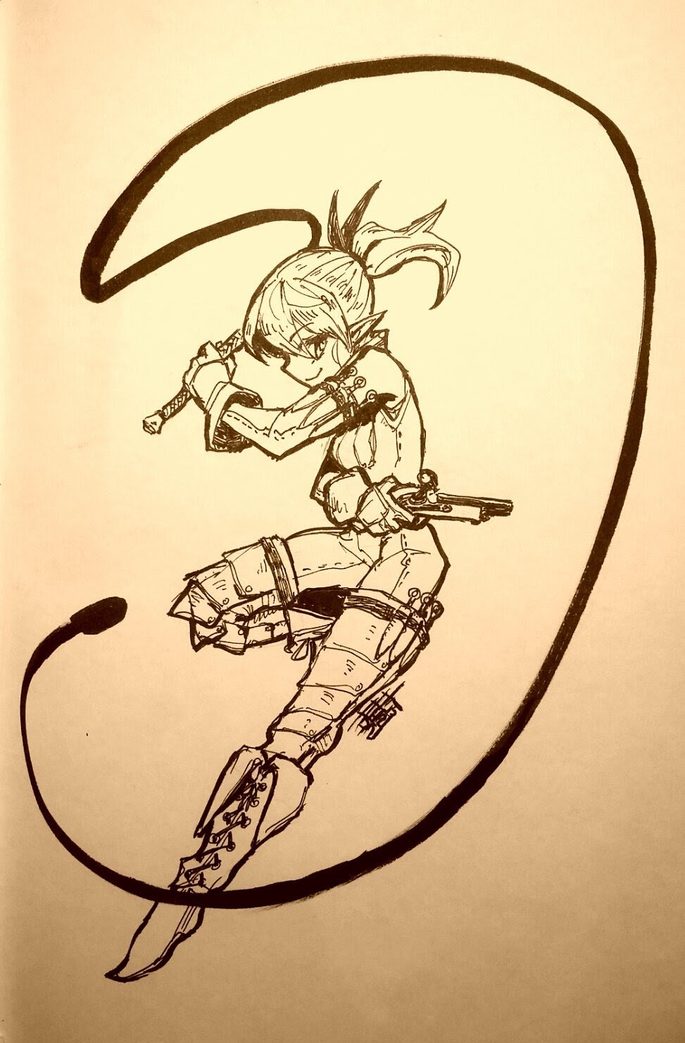 this is a black and white ink drawing of an anime character. the character is a female with short hair and she is wearing a longsleeved shirt and pants. she is holding a sword and a gun. the character is drawn in a dynamic pose, with her legs spread out and her head tilted back. the drawing is surrounded by a black circle.