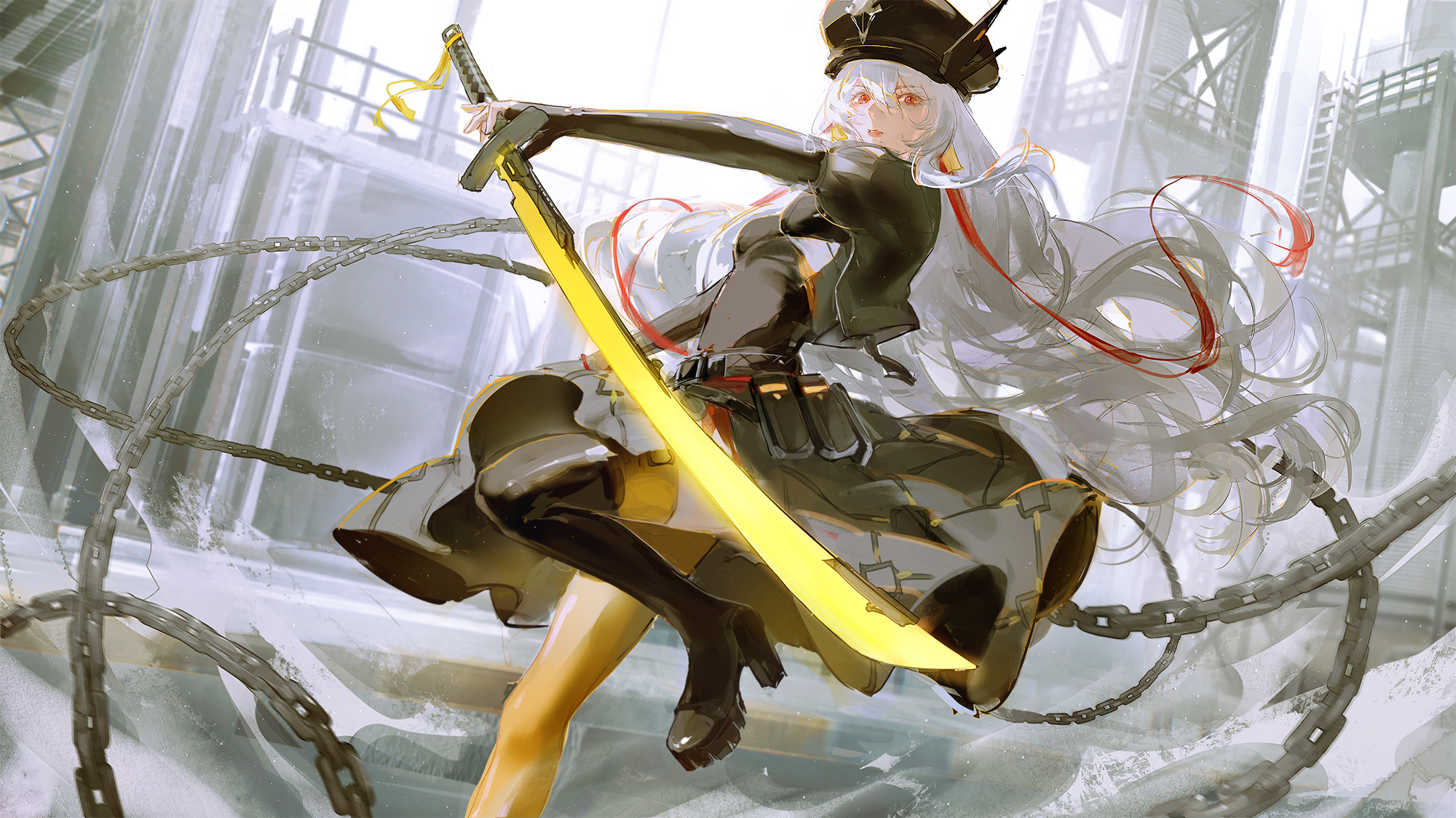 he image is a dynamic digital painting of an anime girl in action. she's wielding a glowing yellow katana and is surrounded by chains that appear to be part of her weaponry or attire.  her long, white hair flows behind her as she moves. she's dressed in a dark, tacticalstyle outfit with a militarystyle cap and boots. the background suggests a futuristic or industrial setting with metallic structures visible. the overall style is painterly and expressive, with loose brushstrokes contributing to a sense of motion and energy.