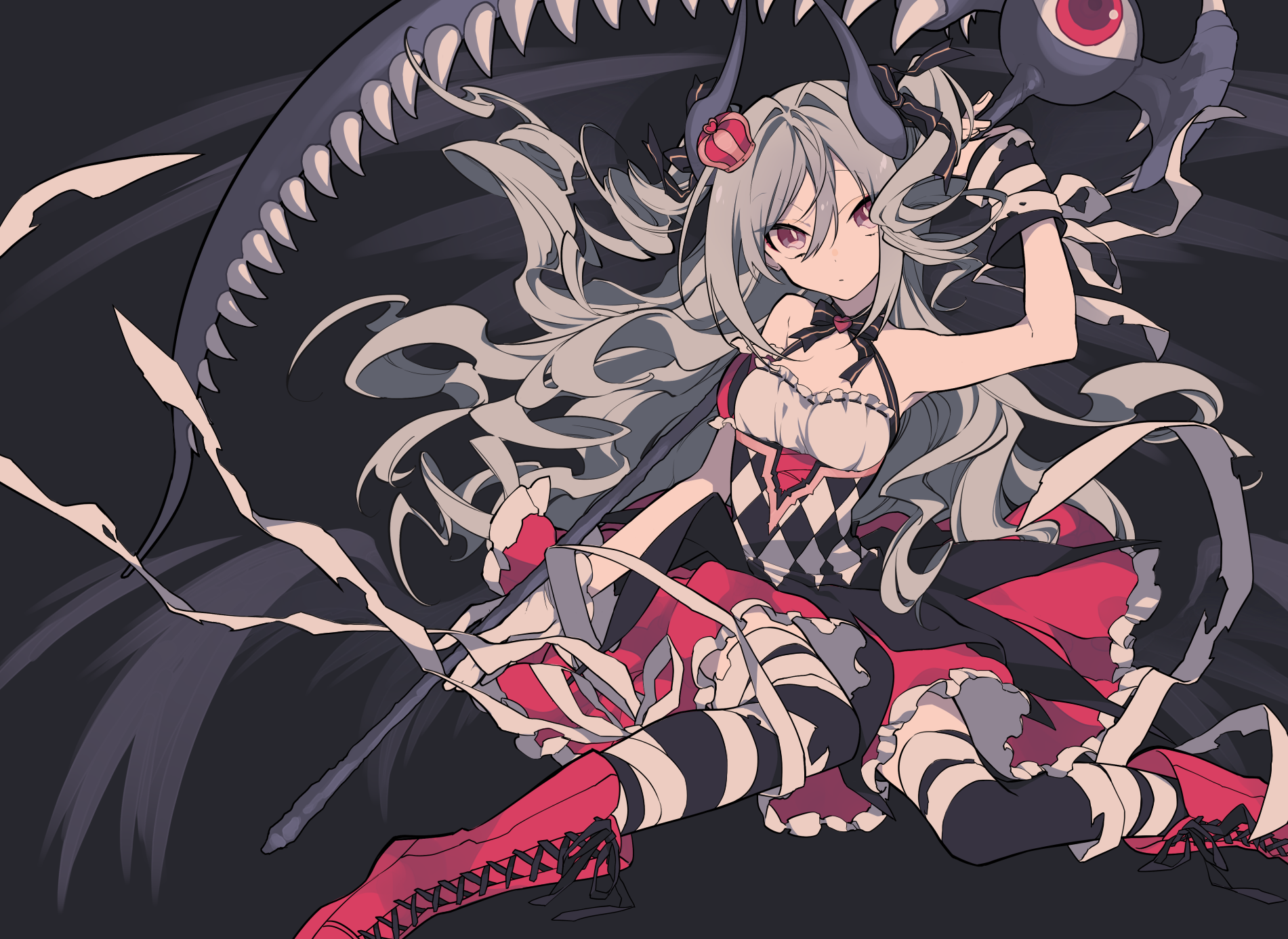 an animestyle image features a girl with long, flowing white hair and gray undertones. she has horns and is wearing a dress with red and black accents. her eyes are red. she's holding a serrated bladelike weapon, and there is a monster behind her that has an orb with an eye. she is wearing thighhighs.