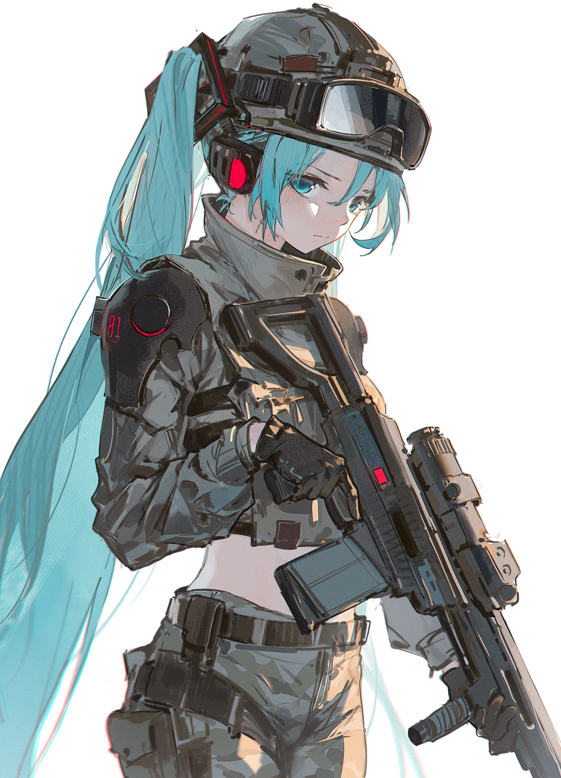 an animestyle illustration of a girl with turquoise hair wearing tactical gear, including a helmet with goggles, and a combat uniform. she is holding a futuristiclooking weapon and appears to be a soldier or fighter. the character design is reminiscent of hatsune miku.