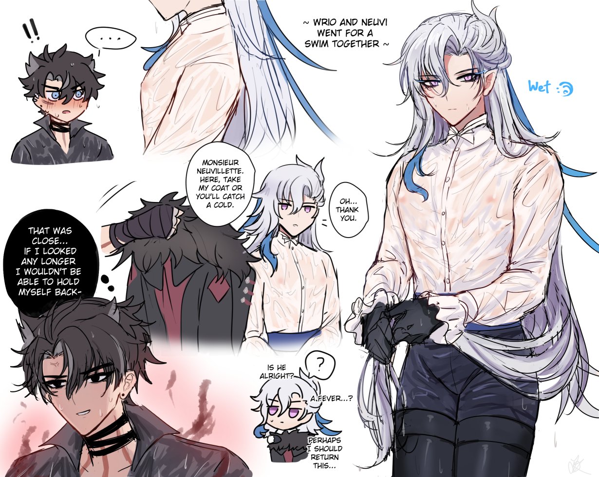 the image shows a comic panel with multiple characters. there is a man with silver hair wearing a wet white shirt and black shorts, and a man with black hair wearing a black shirt. there are also two other men in the background. the text in the comic suggests that the men with black hair are trying to take care of the man with silver hair because he is wet and cold. the man with silver hair is holding a blue towel. the comic is drawn in a cute and humorous style, with the characters' expressions and poses conveying their emotions.