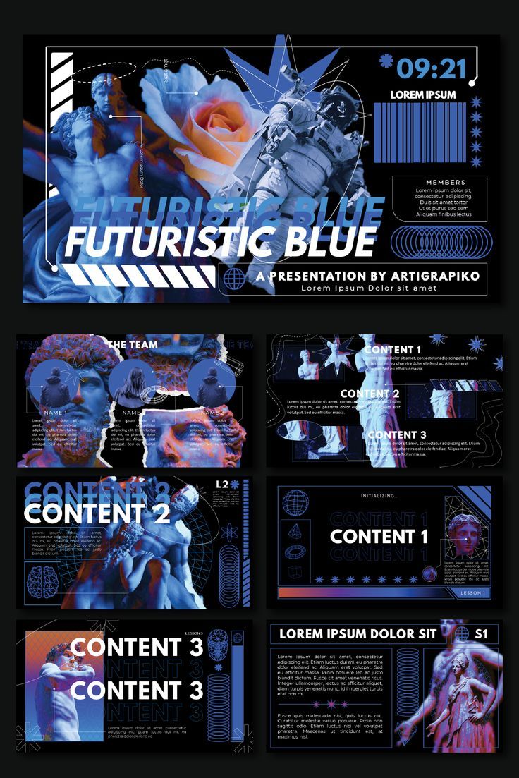 the image shows a futuristic blue presentation template with various slides. the slides feature abstract geometric shapes, neon glow effects, and a combination of vintage and futuristic elements. the background is a dark blue color with a holographic effect. each slide includes a title and a section for content. the slides are designed to be visually appealing and informative.