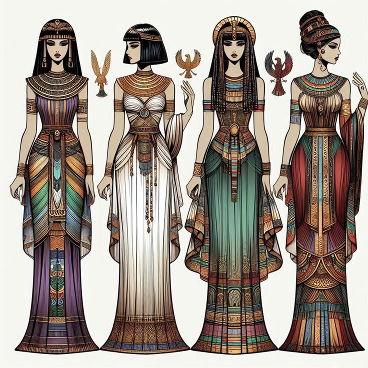 the image features four women dressed in elaborate egyptianstyle clothing. each woman wears a long, flowing dress with intricate patterns and designs, reflecting ancient egyptian fashion. they are adorned with jewelry, including headbands, necklaces, and bracelets, adding to the regal and ornate aesthetic. the illustrations are colorful and detailed, capturing the essence of egyptian culture and mythology.