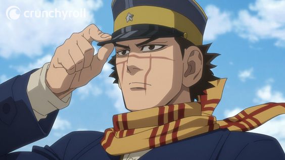 a closeup portrait shot of an anime man in uniform, tipping his hat with a determined expression. the background is a clear blue sky. he is wearing a blue jacket, a red and yellow striped scarf, and a blue military hat with a gold star. the lighting is bright and natural, creating a sense of warmth.
