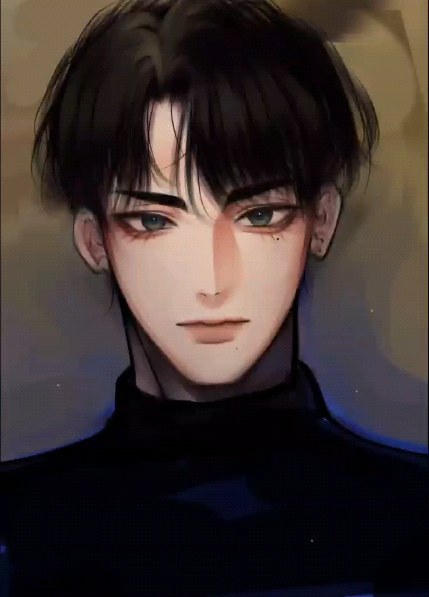the image is a closeup digital painting or illustration of a young anime or mangastyle male character. he has dark, straight hair with bangs that fall across his forehead, and striking green eyes. his expression is serious and somewhat stoic. he's wearing a darkcolored highnecked turtleneck. the art style is soft yet detailed, with subtle shading and highlights that give the character a realistic and elegant appearance. the background is blurred and indistinct, focusing attention on the character's face and upper body. the overall aesthetic is sophisticated and visually appealing.