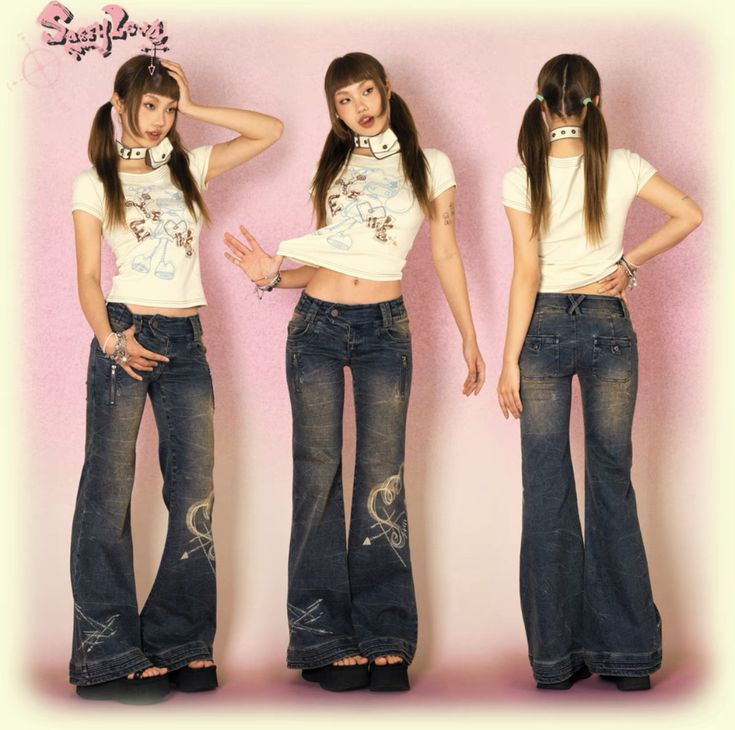 the image showcases three views of a young woman modeling a sassy love outfit.  the outfit consists of a lightcolored, cartoongraphic print tshirt and a pair of darkwash bellbottom jeans with lightcolored embroidered heart designs and distressed detailing. the model wears her hair in pigtails and a choker necklace. the background is a pale pink. the image appears to be promotional material for the clothing brand.