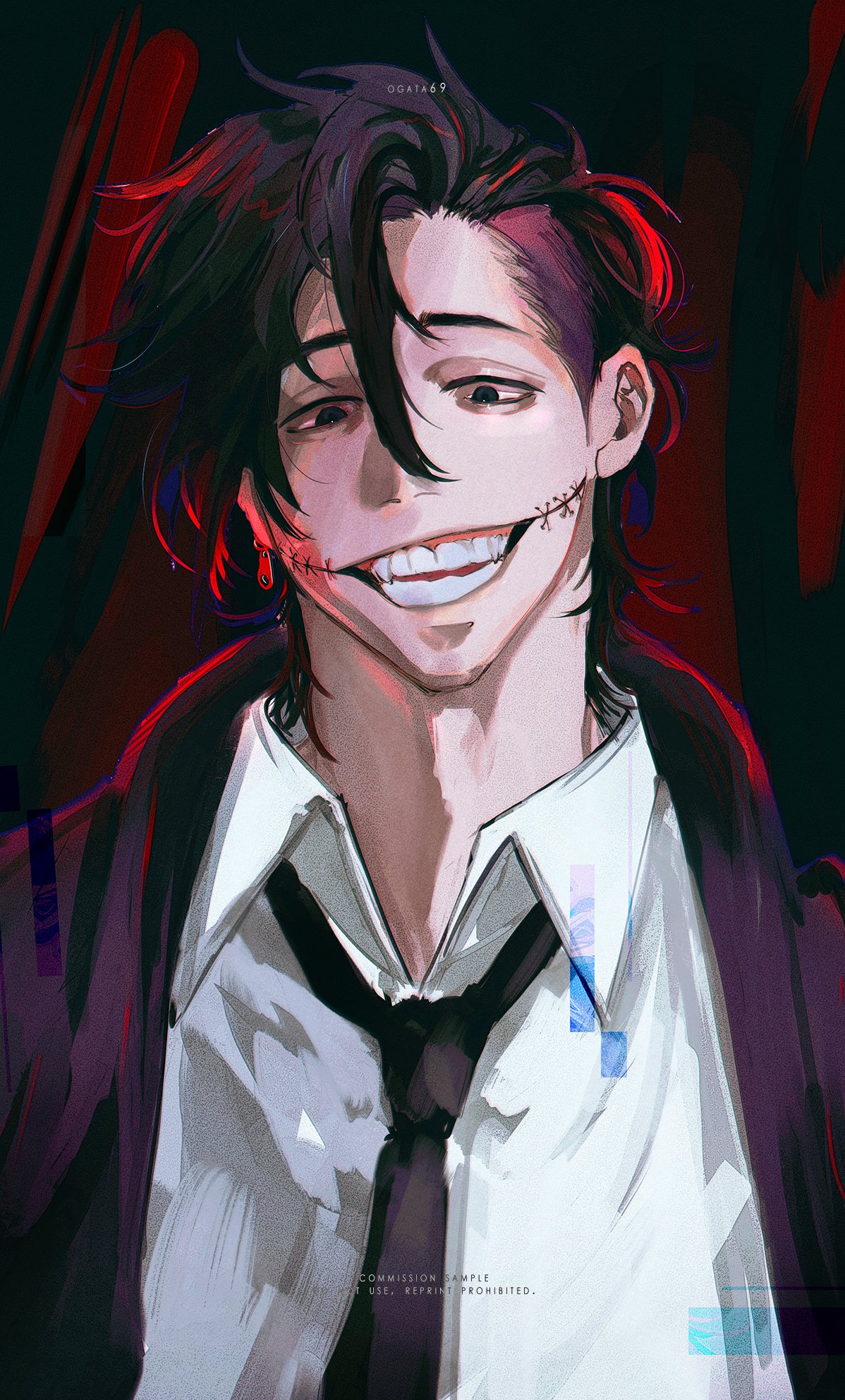 this is a digital illustration of an anime character. it is a closeup portrait of a young man with black hair, red highlights in his hair, and dark eyes. he is wearing a white buttondown shirt and a black necktie. the man has a scar with stitches across his cheek and a very bright smile. he is wearing an earring in his right ear. the background is dark red. the man looks very confident and somewhat sinister.